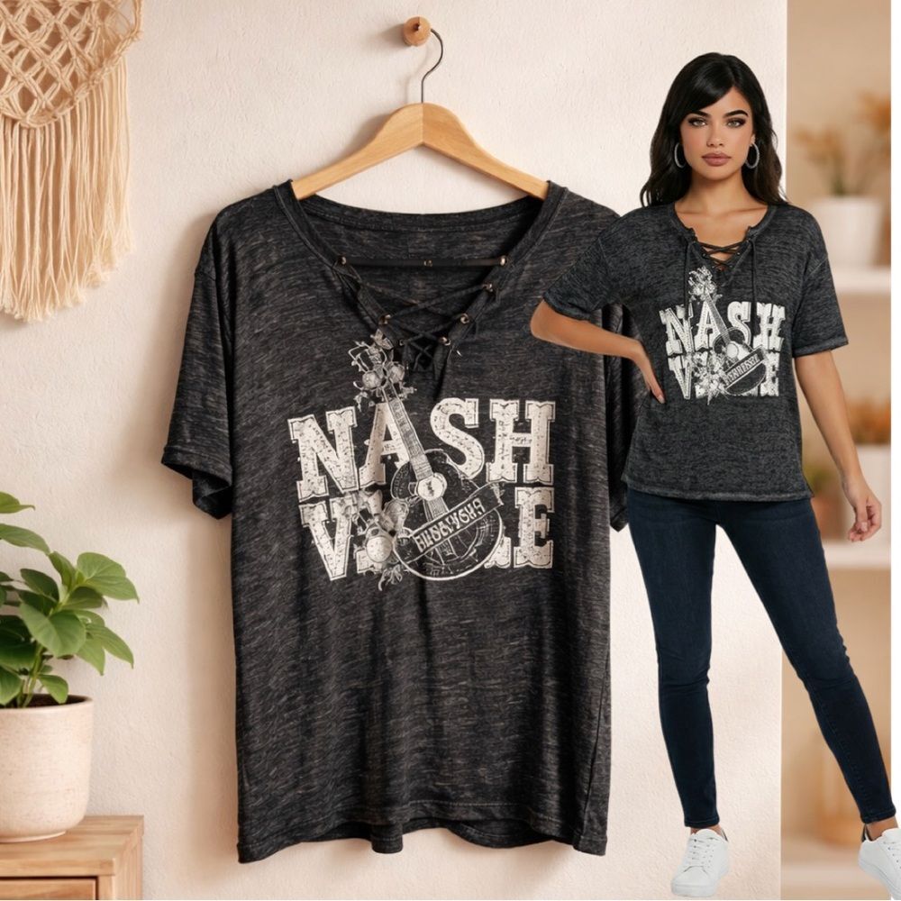 🛍️ JOEI & I gray Nashville, front lace up, V-neck stud pull over T-shirt size 1x